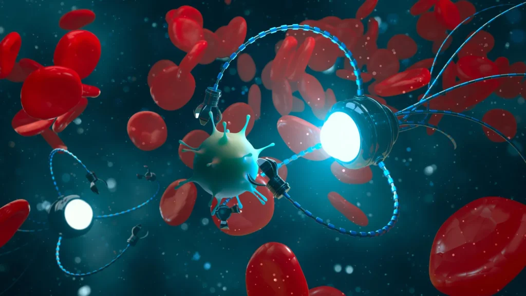 Illustration of DNA-based nanorobot surrounding a virus particle
