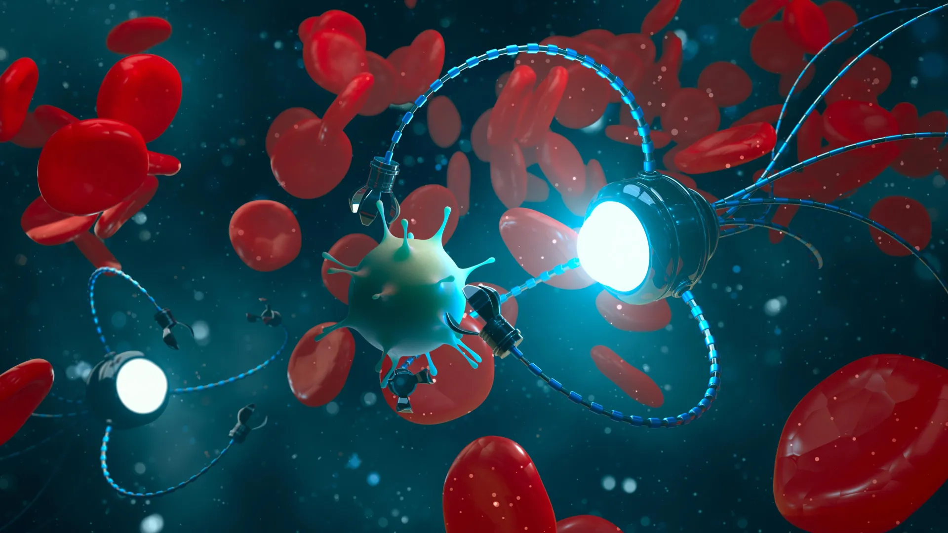 Illustration of DNA-based nanorobot surrounding a virus particle