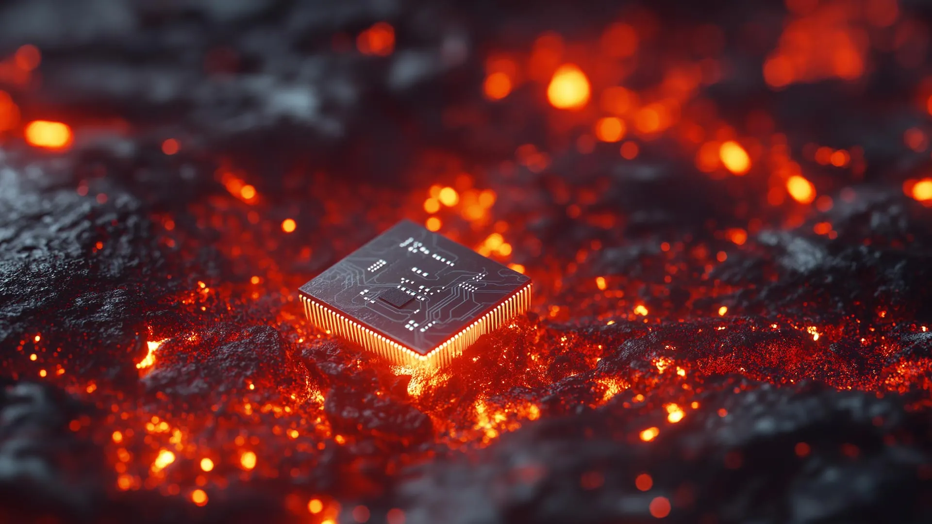 Illustration of a memory chip glowing above molten lava